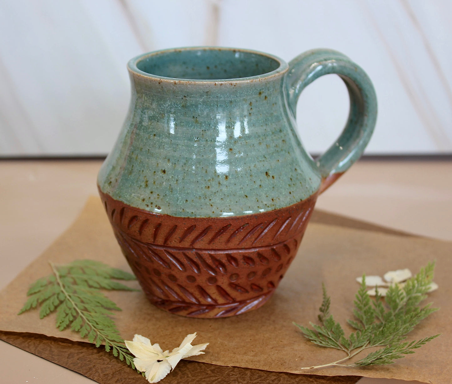 Soda-Fired Carved Mug